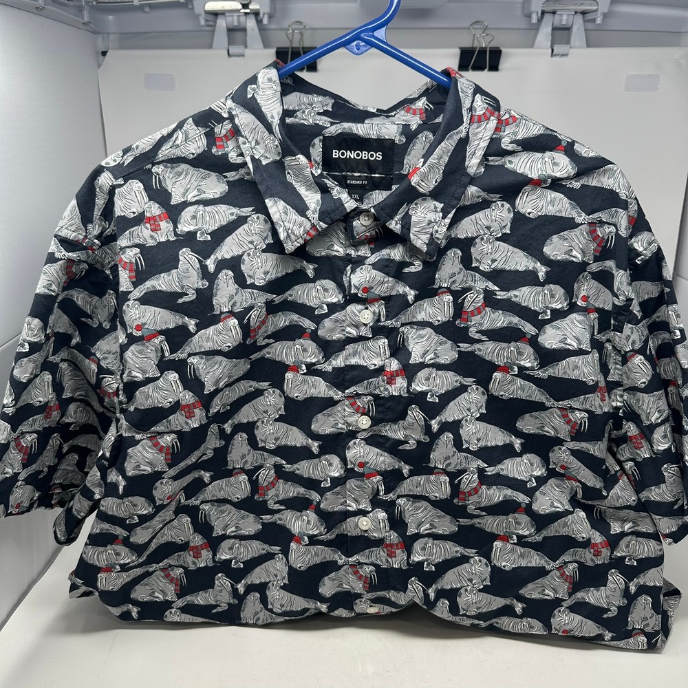 Bonobos Button Down Men XXL Black Walrus Print Standard Fit BSH01757D S/S Shirt